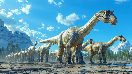 Diplodocus herd walking through rocky terrain under blue sky with clouds. Long-necked dinosaurs with detailed skin texture. Prehistoric scene with mountains and trees in background.
