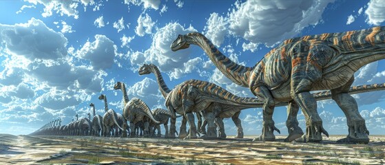 Diplodocus herd walking under blue sky with scattered clouds. Long-necked dinosaurs with detailed skin patterns. Prehistoric landscape with vast open space and natural surroundings.