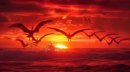 Captivating depiction of pterodactyls flying over turbulent sea at sunset. Fiery orange and red sky contrasts with dark silhouettes of pterodactyls. Waves crashing, dynamic energy captured in scene,