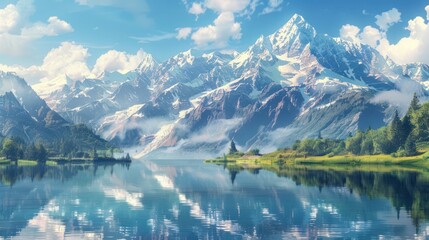 Fototapeta premium mountain range, with snow-capped peaks reflecting in a tranquil lake below. 