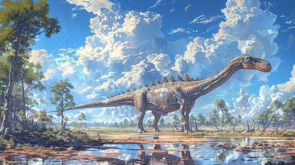 Diplodocus walking in lush prehistoric landscape with clear sky and scattered clouds. Long-necked dinosaur with detailed skin textures. Scenic view highlighting natural beauty and ancient wildlife.