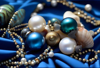 A close-up of a pearl and paua shell ornament on a blue background