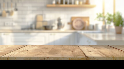 Wooden countertop in the foreground with a blurred modern kitchen background featuring white cabinets, hanging utensils, and a potted plant by the window.