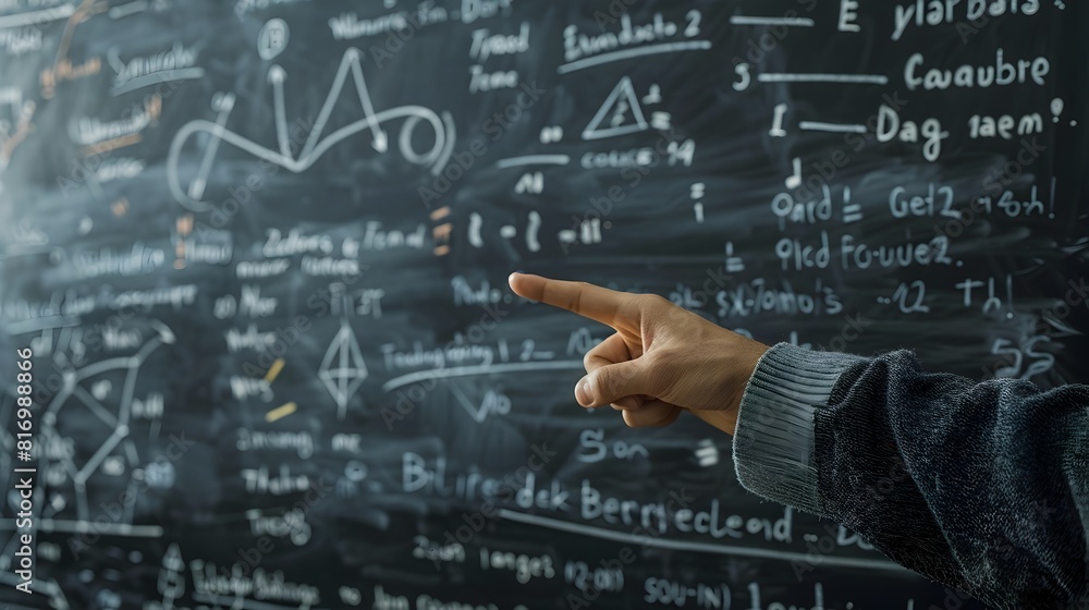 Aufkleber educator pointing at chalkboard filled with educational diagrams and formulas