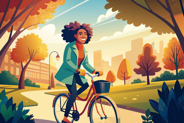 A smiling woman with curly hair in a coat rides her bike through a sunny park. The beautiful woman loves nature. 