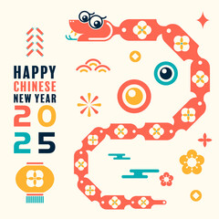 Happy chinese new year 2025 the snake zodiac sign with minimal trendy design modern flat geometric elements red paper cut style on color background. 