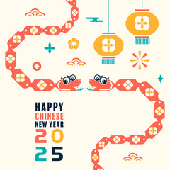 Happy chinese new year 2025 the snake zodiac sign with minimal trendy design modern flat geometric elements red paper cut style on color background. 