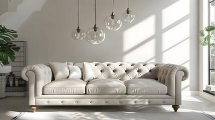 Transitional Living Area with Plush Tufted Sofa and Geometric Statement Lighting