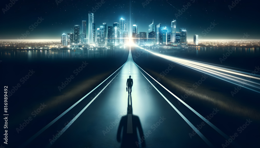 Poster concept of a long journey towards a metropolitan goal, featuring the subtle presence of a businesspe
