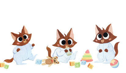 Watercolor illustration with three cute kittens in pajamas and toys