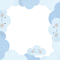 Watercolor frame with cute clouds on a white background