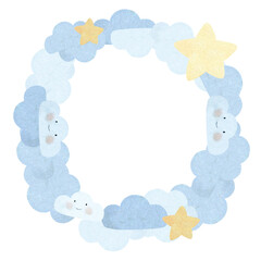 Watercolor round frame with cute clouds and stars on a white background