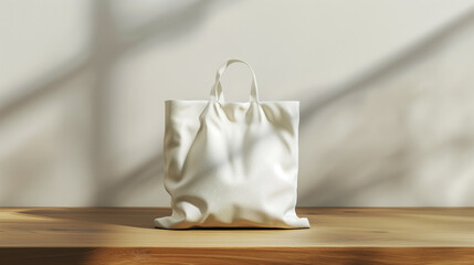 A white fabric tote bag mockup placed on a wooden surface against a neutral background with soft shadows. Ideal for showcasing logo or design concepts for promotional materials.
