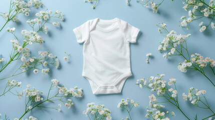 Blank white cotton baby short sleeve bodysuit on pastel blue background with white flowers. Top view