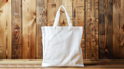 Mockup of a plain white tote bag on a wooden surface with a rustic wooden wall background, ideal for showcasing design and branding.
