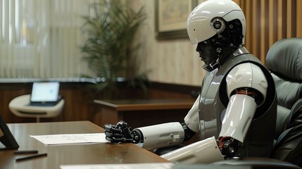 Fototapeta premium android robot doing paperwork, futuristic AI humanoid technology, replacing people at work making them redundant