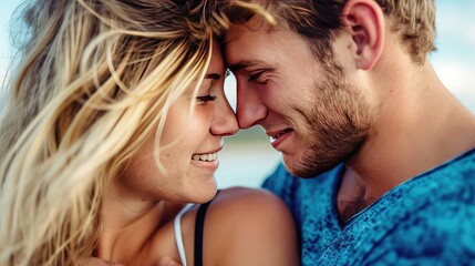 Close-up portrait of a loving couple embracing on the beach. The ocean whispers secrets as they embrace.