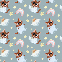 Watercolor seamless pattern with little kittens in pajamas