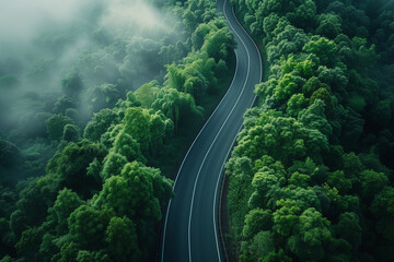 Aerial top view beautiful curve road on green forest