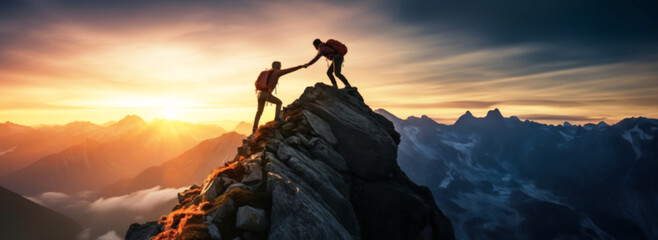 Silhouette people hiker climber helping to hike up, Happy New Year goals for business Cooperation, startup, teamwork and leadership achievement objective target, blurred image background