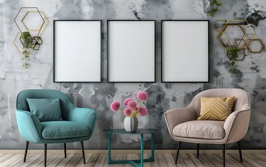 An interior design scene with frames on the wall, frames mockup with white background and black frame in a room with concrete walls and wooden floor, a teal armchair, colorful pillows, 