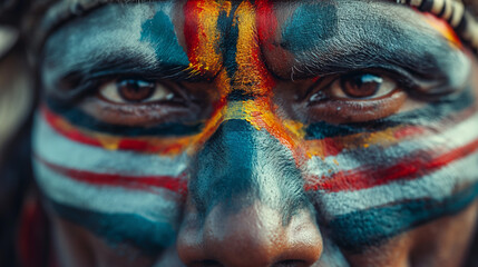 Intense Gaze of Indigenous Warrior with Vibrant Tribal Face Paint Close-Up
