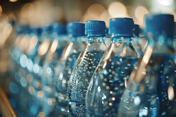 Close-up of plastic bottles of mineral water on a production line