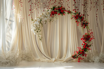 Maternity backdrop, wedding backdrop, photography background with delicate flowers and white satin drapes.