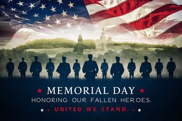 Memorial Day, Honoring our fallen heroes text, american flag on sky, banner. Happy Memorial Day Background. USA National holiday card