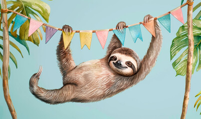 Naklejka premium cute sloth hanging from colorful banner flags in the jungle