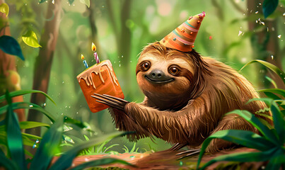 Naklejka premium cute smiling sloth wearing a birthday hat and holding a cake in the jungle