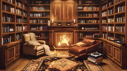 Inviting Living Space with Wooden Bookshelves and Turntable System in a Cozy Librarylike Ambiance