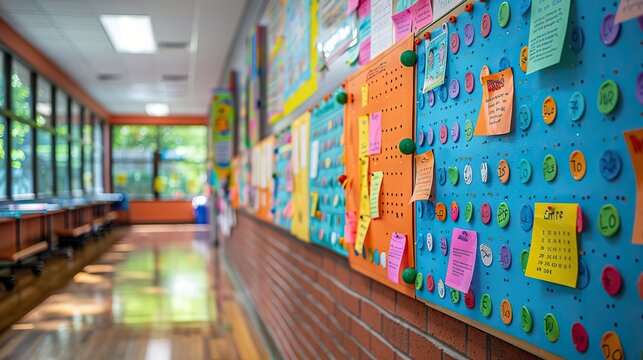 A colorful bulletin board filled with student artwork, announcements, and inspirational quotes, representing the creativity and engagement that schools can foster.illustration image