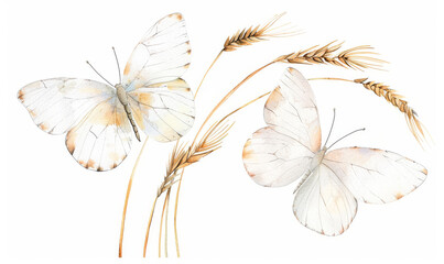 watercolor white butterflies and wheat