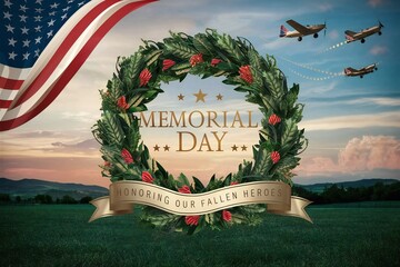 Memorial Day, Honoring our fallen heroes text on wreath, american flag on cloudy sky, banner. Happy Memorial Day Background. USA National holiday card