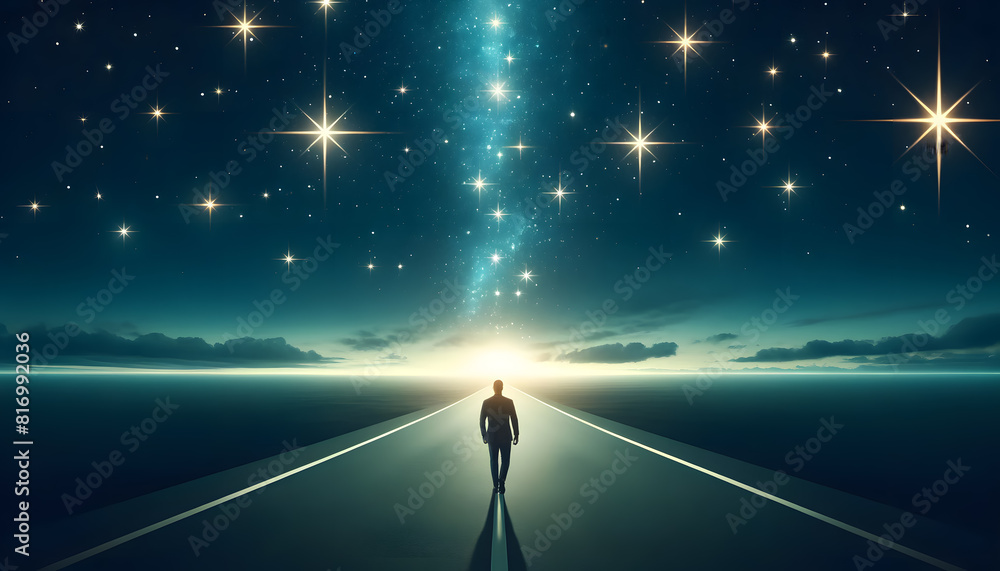 Poster concept of a long journey towards a metropolitan goal, featuring the subtle presence of a businesspe