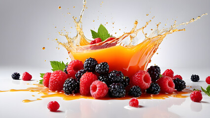 a splash of raspberries and blackberries in a splash of orange juice.