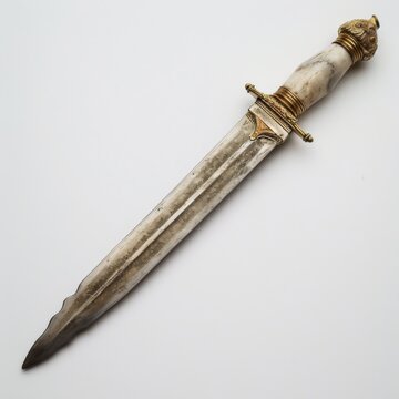 Roman dagger pugio with gold handle resting on white background