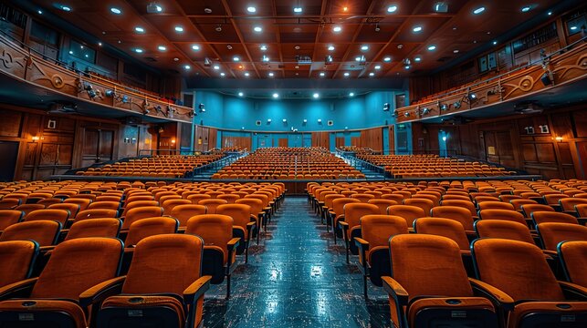 A school auditorium with rows of seats and a stage, ready for assemblies, performances, and other school events.stock image