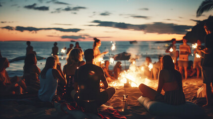 A group of friends gathered on a beach during sunset, enjoying a bonfire and sparklers, creating a warm and joyful atmosphere.