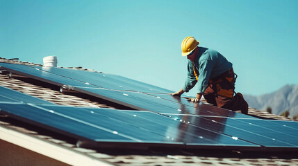 A worker in a yellow hard hat and safety gear installing solar panels on a rooftop under a clear blue sky, emphasizing renewable energy and sustainability.