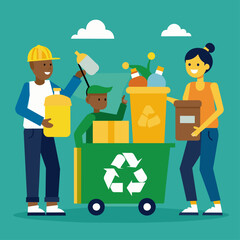 People sorting and recycling waste outdoors. Flat illustration on a white background. Environmental conservation and community action concept. Design for posters, banners, print