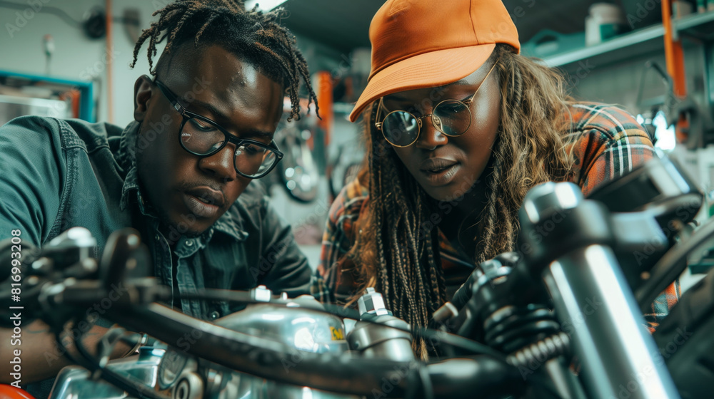 Wall mural two focused individuals, wearing glasses and casual attire, work together in a workshop on a mechani