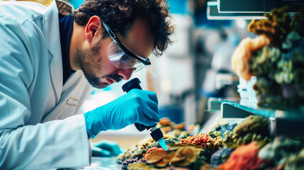 A scientist in a lab uses a pipette to conduct research on living corals and marine life. He wears protective gloves and goggles, indicating precise laboratory work. - Powered by Adobe