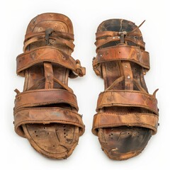 Pair of Roman sandals on white backdrop