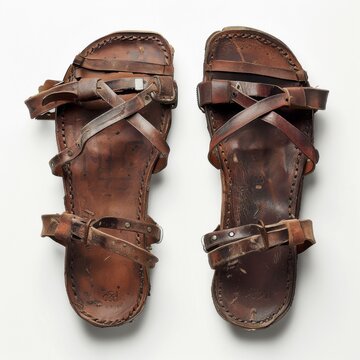 Pair of brown leather Roman sandals isolated on white background