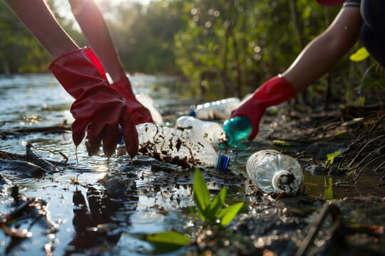 hand picking up garbage plastic for cleaning at river