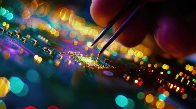Close-up view of a Installing the processor into the motherboard with tweezers. Laptop repair and improvement. Tweezer-assisted processor installation for refined laptop upgrades.