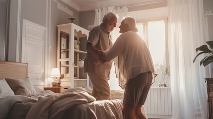 Elderly couple having fun, dancing and laughing together on a bed in a cozy, sunlit bedroom, showcasing love and companionship in old age.
