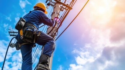 High voltage power electrician works in live wires on a high pole. On a mission to keep us connected, a man defies gravity.
